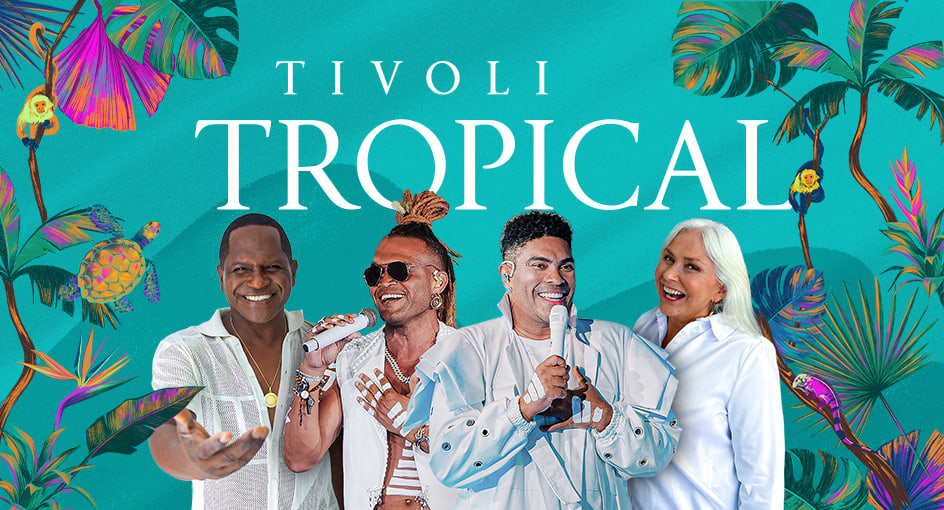 Poster com cores vibrantes, folhagens tropicais, divulgação do Tivoli Tropical, com os cantores Tatatu, Tim Balada e Fafá de Belém