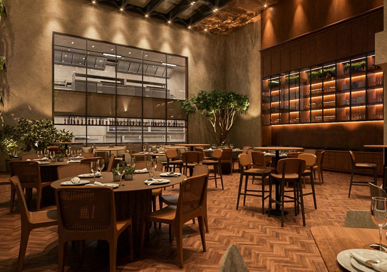An elegant wine bar and restaurant with warm lighting, wood floors, and backlit shelves